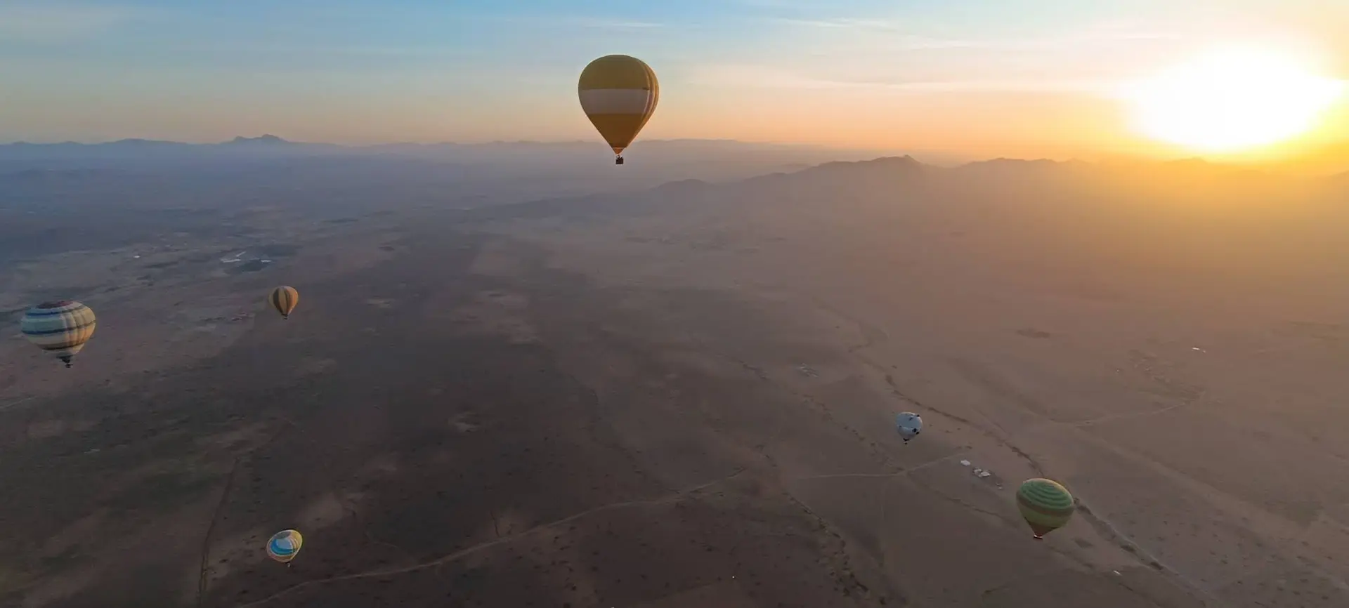 Hot air balloons drifting over the Marrakech Palmerie at sunrise