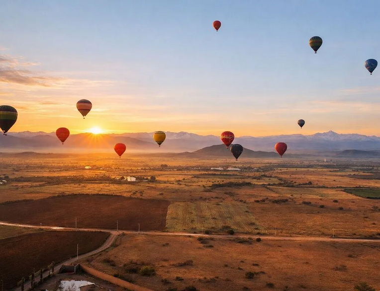 Hot air balloons drifting over the Atlas Mountains at sunrise